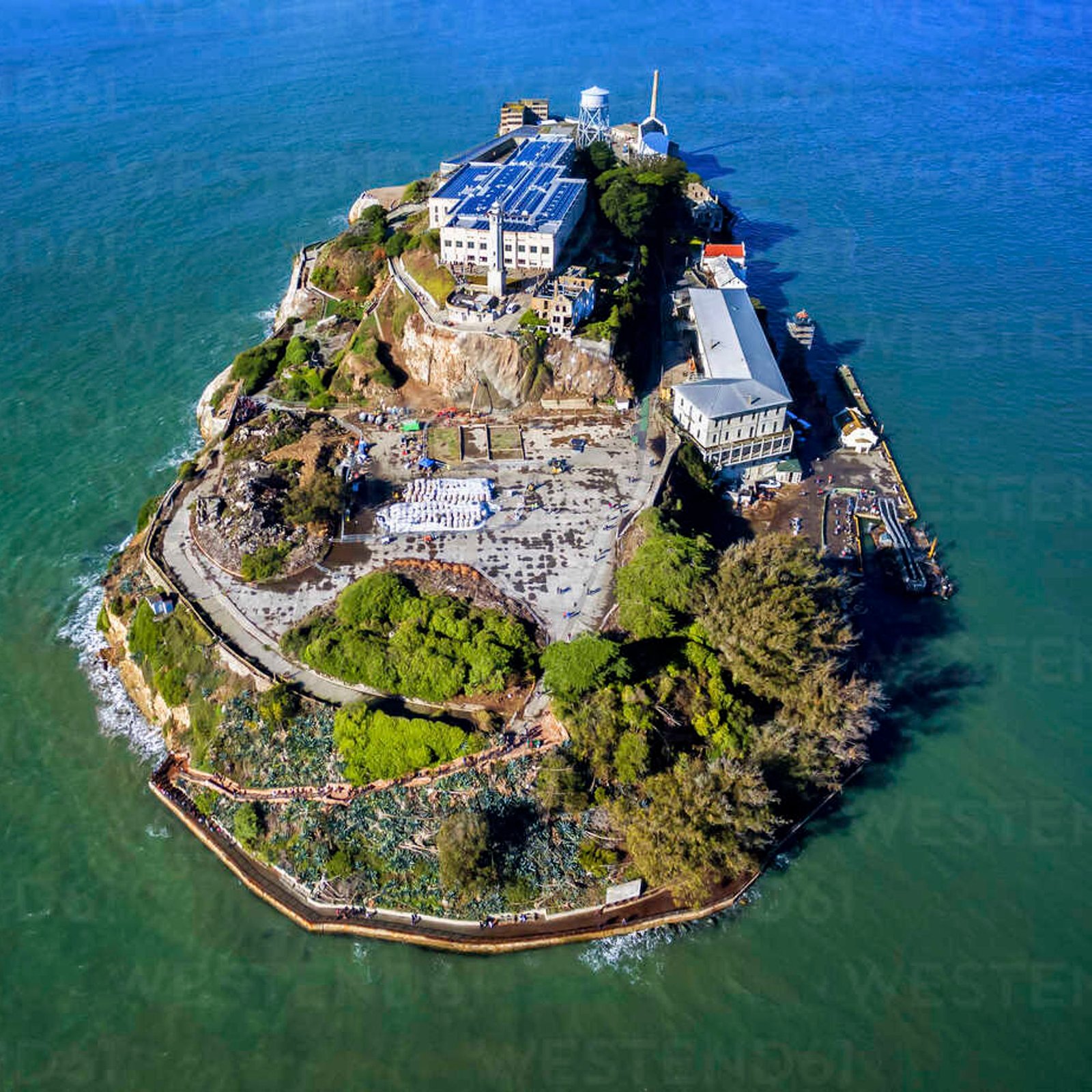 Aerial view of the prison island of Alcatraz in San Francisco Bay.